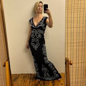 C.D. GREENE Black & White Beaded Open-back Maxi Dress